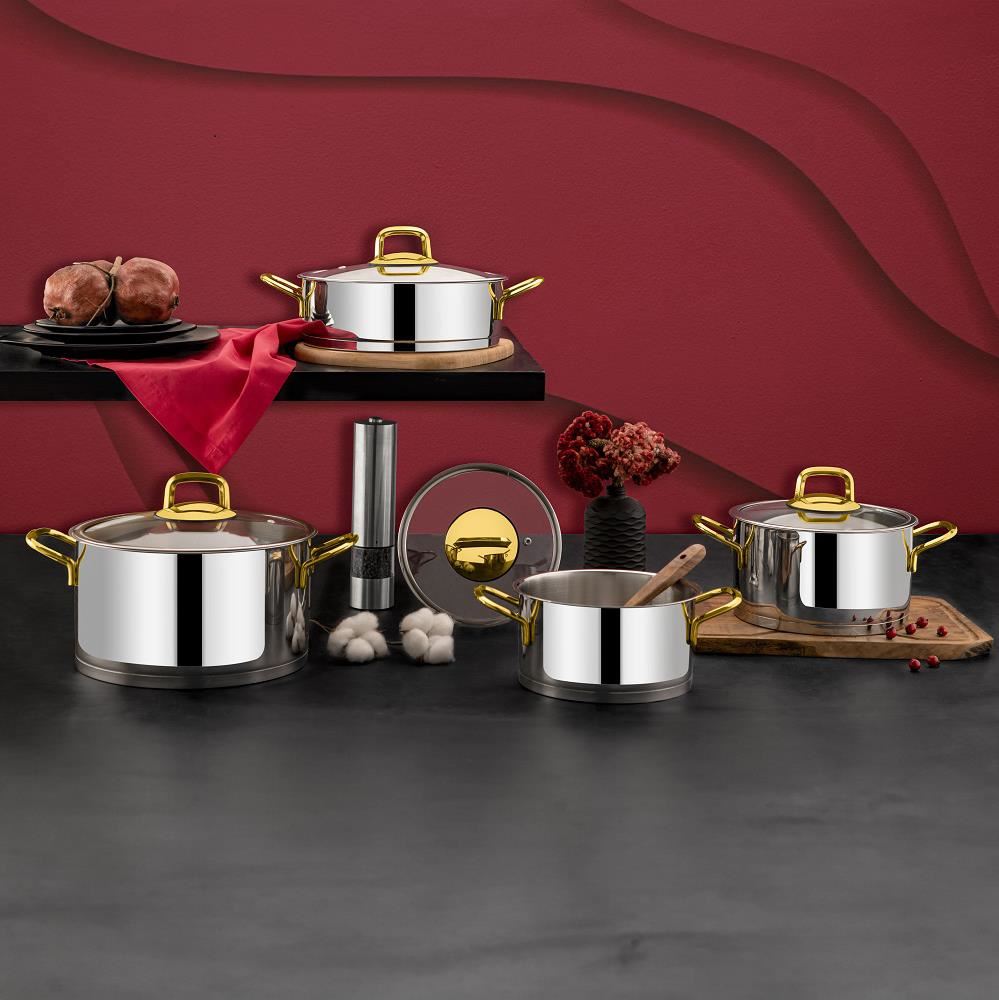 ÖZLİFE TS-402 HÜMA 8 PRÇ TENCERE SET SADE GOLD