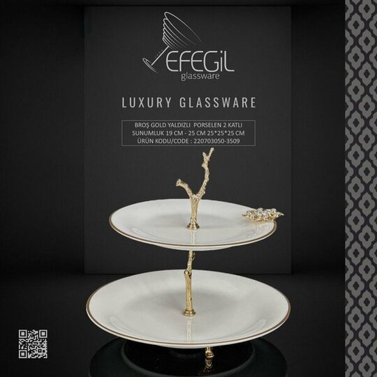 EFEGİL 3509 BROŞ GOLD YALDIZLI PORSELEN 2 KATLI SUNUMLUK