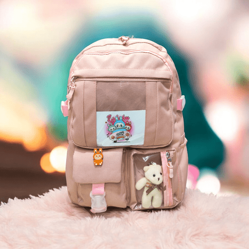 Kore Tarzı Beş Bölmeli Aksesuarlı Beslenmeli ve Kalemlikli 3 lü Okul Çanta Seti