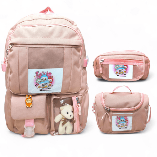 Kore Tarzı Beş Bölmeli Aksesuarlı Beslenmeli ve Kalemlikli 3 lü Okul Çanta Seti