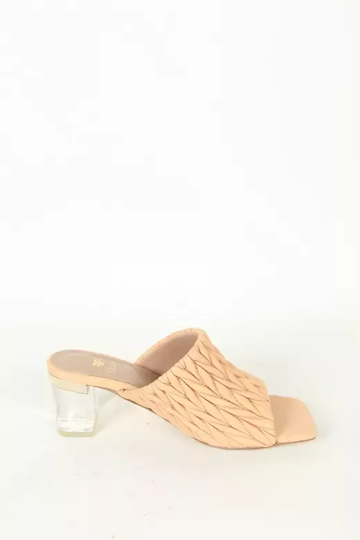 Kadın Koyu Krem Hakiki Deri Topuk Detaylı Terlik