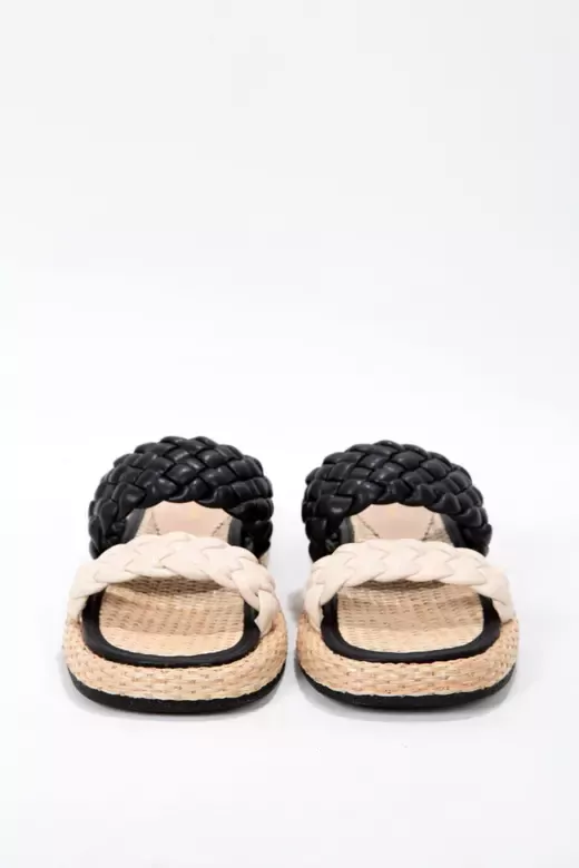 Kadın Siyah Bej Terlik Hasır Detaylı Terlik