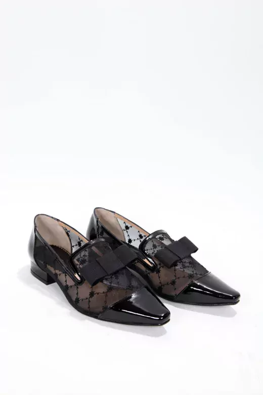 Kadın Siyah Rugan Tül Fiyonk Detaylı Ayakkabı