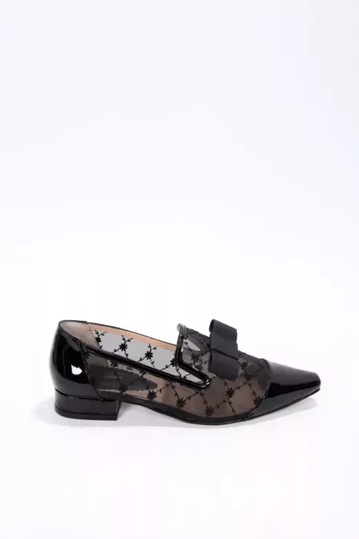 Kadın Siyah Rugan Tül Fiyonk Detaylı Ayakkabı