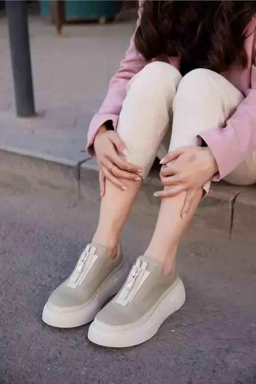 Kadın Deri Sneaker Haki Yeşil