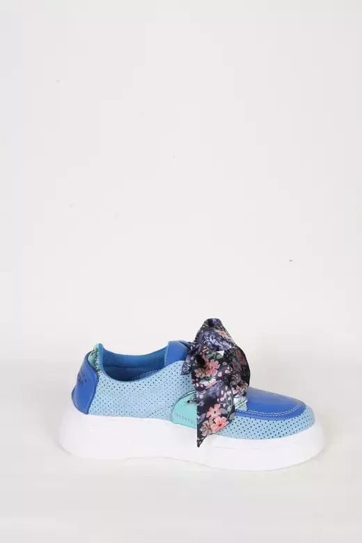 Kadın Mavi Hakiki Deri Kurdele Detaylı Sneaker
