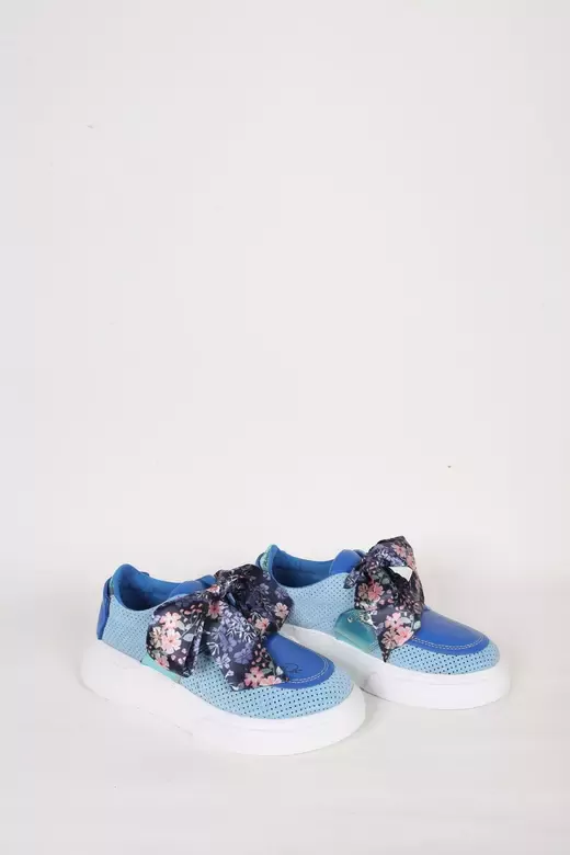 Kadın Mavi Hakiki Deri Kurdele Detaylı Sneaker