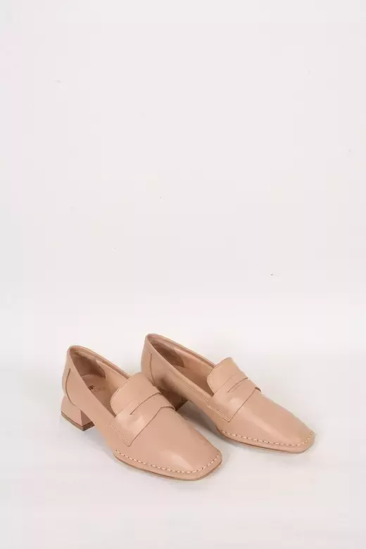 Kadın Deri Ayakkabı Topuk Detaylı Camel