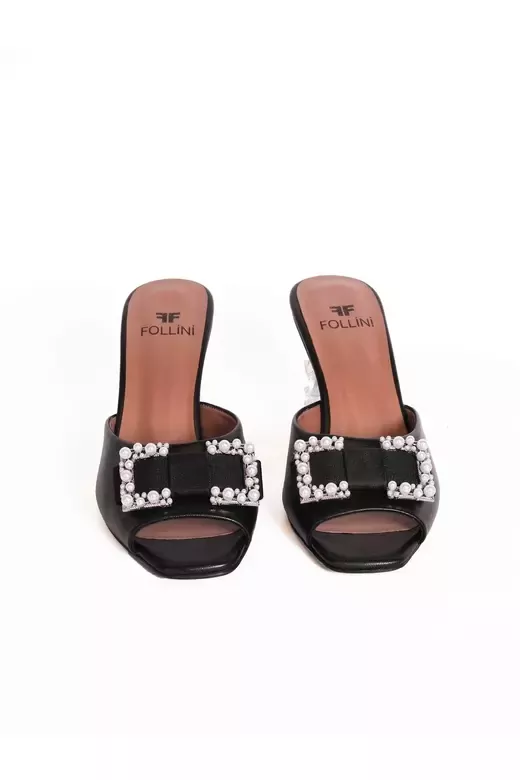 Kadın Deri Terlik Aksesuar Ve Topuk Detaylı Siyah