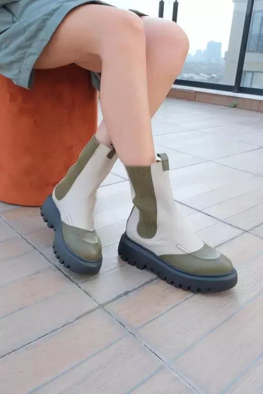 Kadın Deri Bot Bej-Yeşil