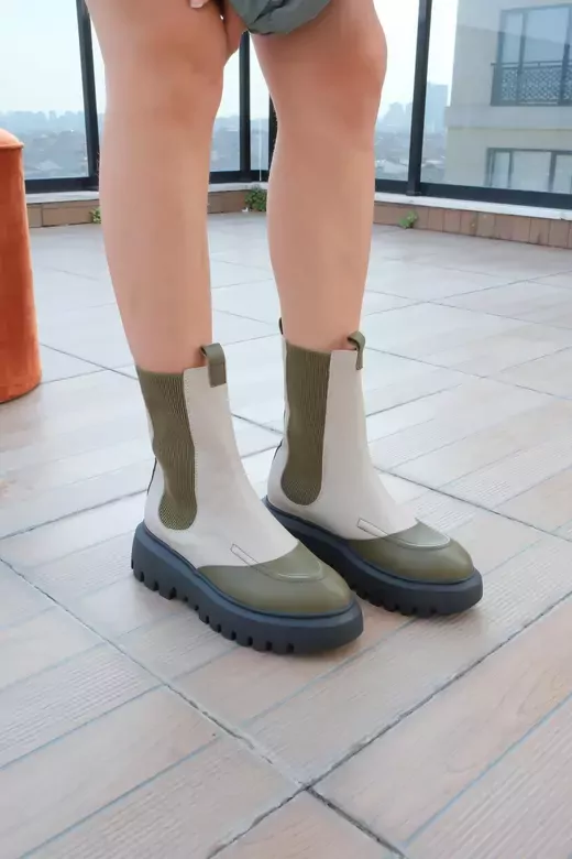 Kadın Deri Bot Bej-Yeşil