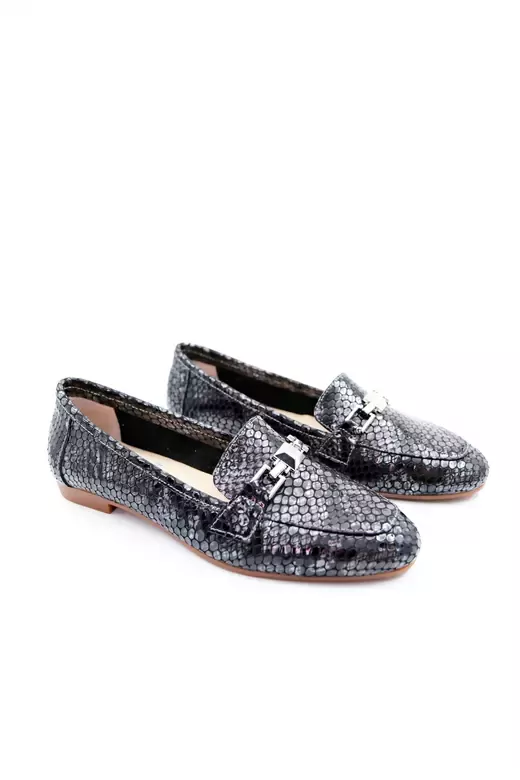 Kadın Hakiki Deri Babet Siyah Gri Rugan