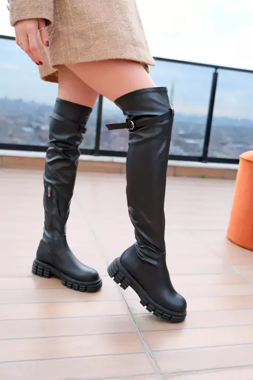 Kadın Deri Streç Çizme Diz Üstü Siyah