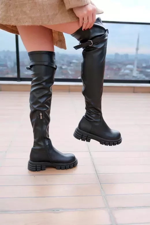 Kadın Deri Streç Çizme Diz Üstü Siyah