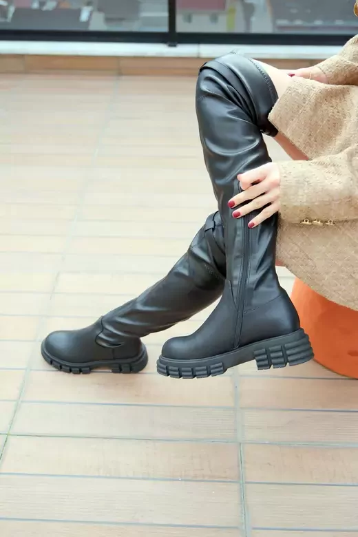 Kadın Deri Streç Çizme Diz Üstü Siyah