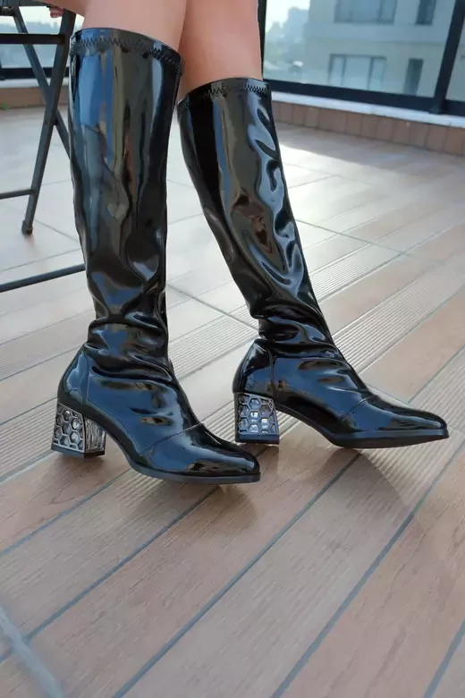 Kadın Deri Çizme Streç Siyah Rugan