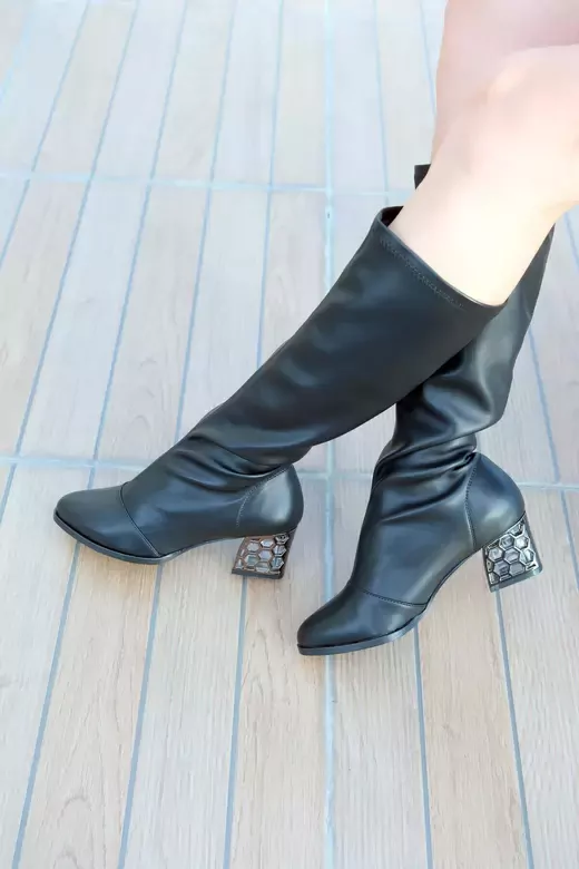 Kadın Deri Çizme Streç Siyah Rugan