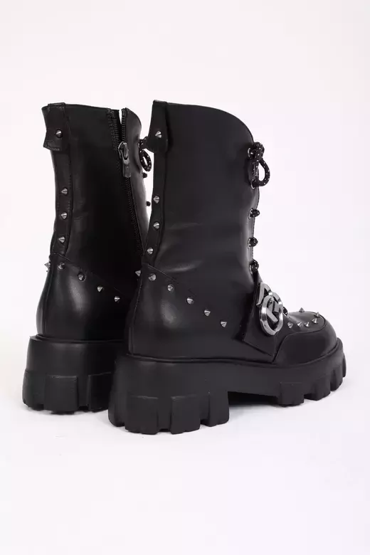 Kadın Siyah Deri Zımba Detaylı Bot