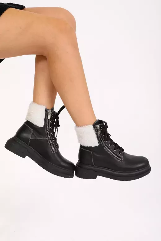 Kadın Deri Bot Kürk Detaylı Siyah