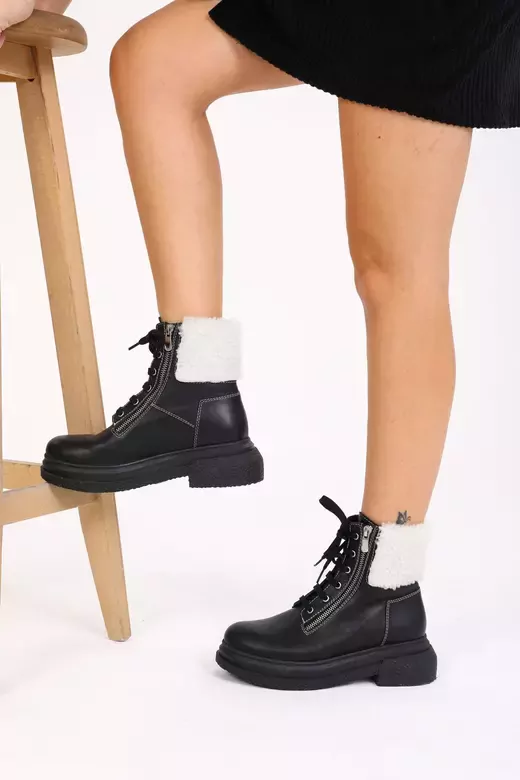 Kadın Deri Bot Kürk Detaylı Siyah