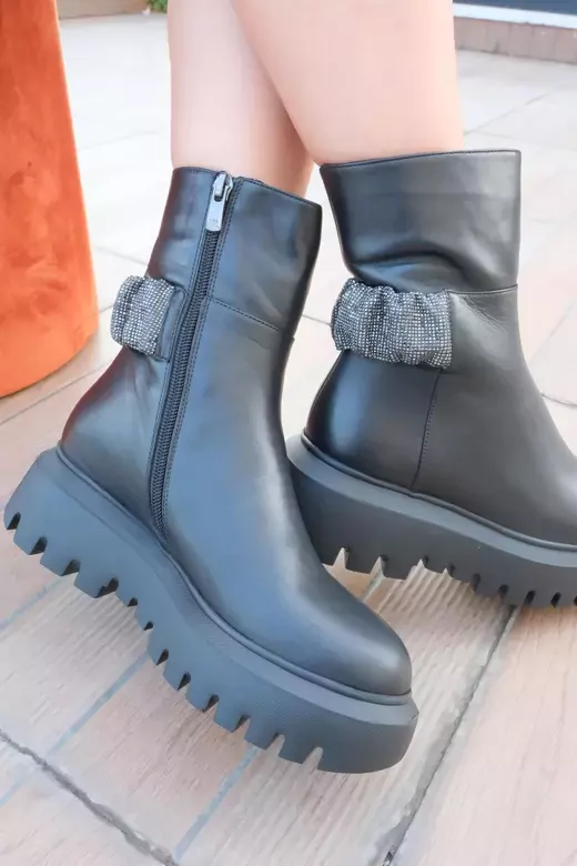 Kadın Deri Bot Taş Detaylı Siyah