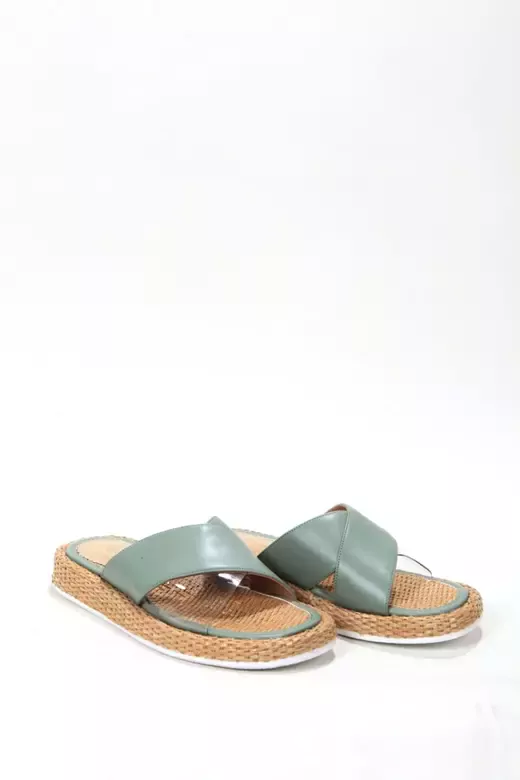 Kadın Yeşil Hasır Detaylı Terlik