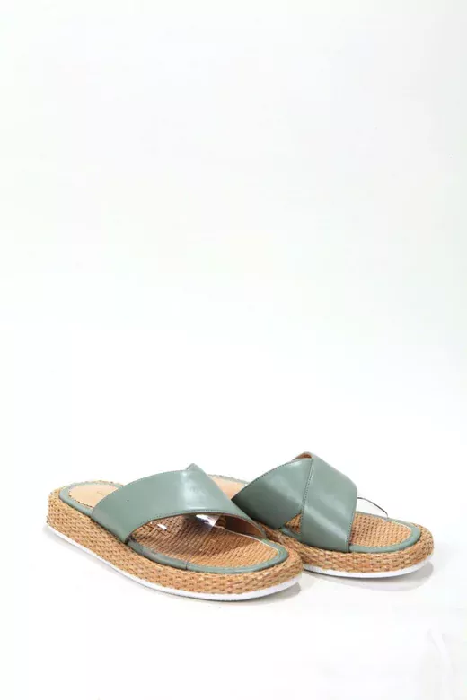 Kadın Yeşil Hasır Detaylı Terlik