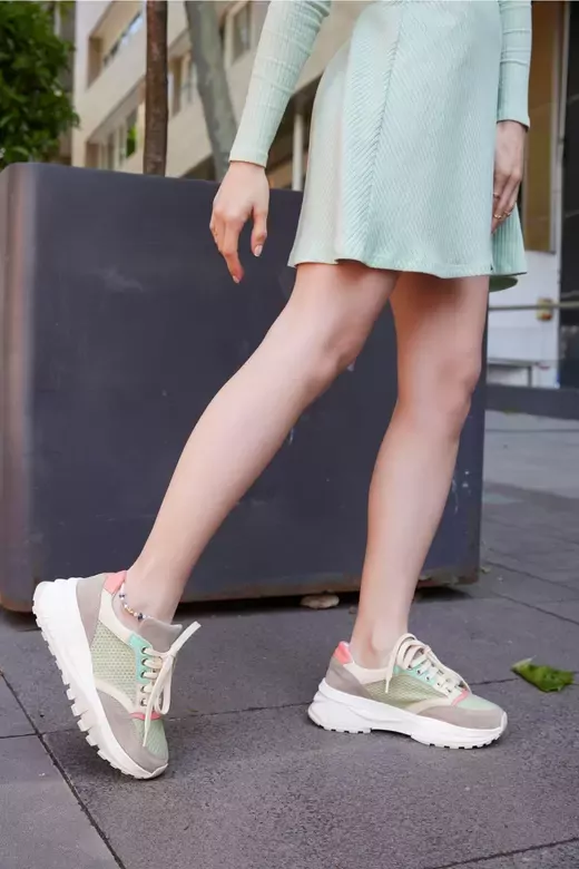 Kadın Yeşil Deri Sneaker Spor Ayakkabı