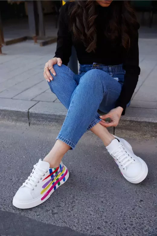 Kadın Beyaz Hakiki Deri Sneaker Spor Ayakkabı