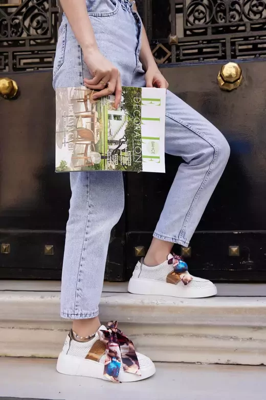 Kadın Mavi Hakiki Deri Kurdele Detaylı Sneaker