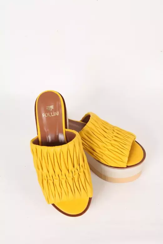 Kadın Sarı Hakiki Deri Dolgu Topuk Terlik