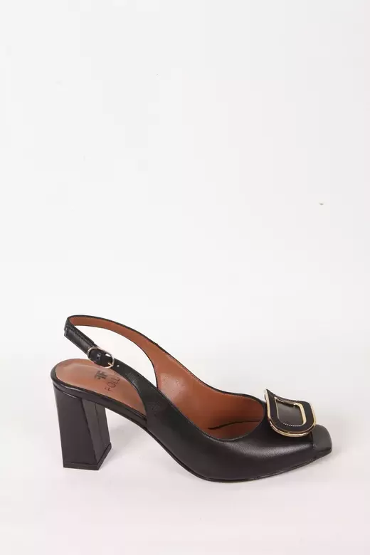 Kadın Deri Ayakkabı Aksesuar Detaylı Topuklu Siyah