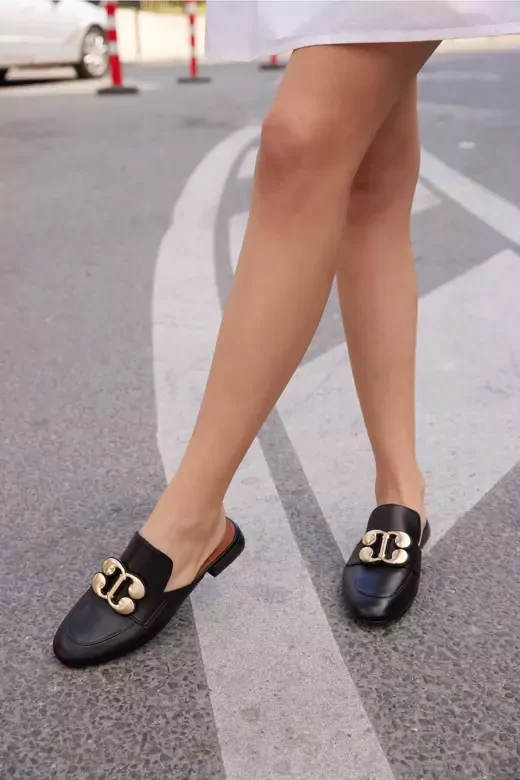 Kadın Deri Terlik Topuklu Siyah