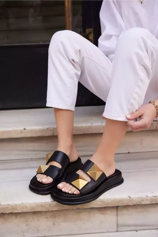 Kadın Vizon Hakiki Deri Aksesuar Detaylı Terlik