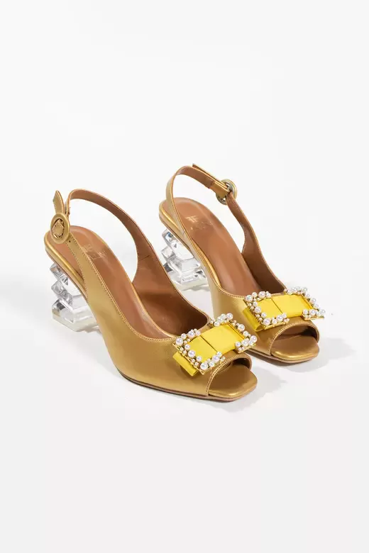 Kadın Sarı Hakiki Deri Aksesuar  Detaylı Topuklu Ayakkabı