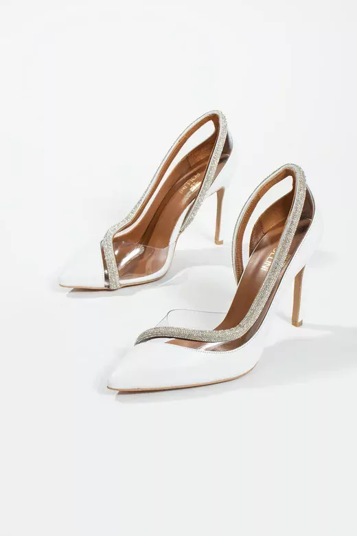 Kadın Beyaz Hakiki Deri Taş Detaylı Topuklu Ayakkabı