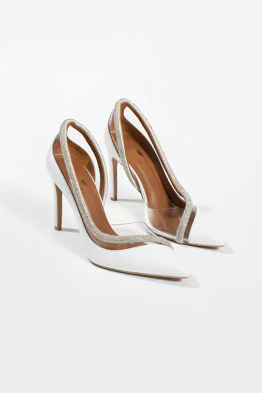 Kadın Beyaz Hakiki Deri Taş Detaylı Topuklu Ayakkabı