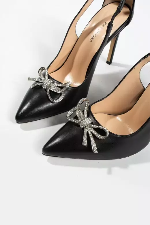 Kadın Deri Ayakkabı Aksesuar Detaylı Topuklu Siyah