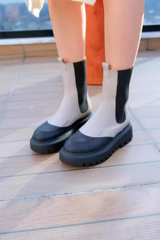 Kadın Deri Bot Bej-Yeşil