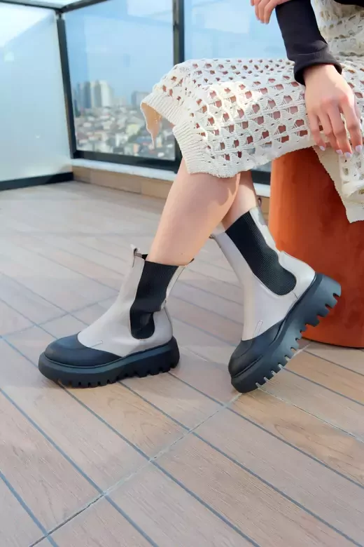 Kadın Deri Bot Bej-Yeşil