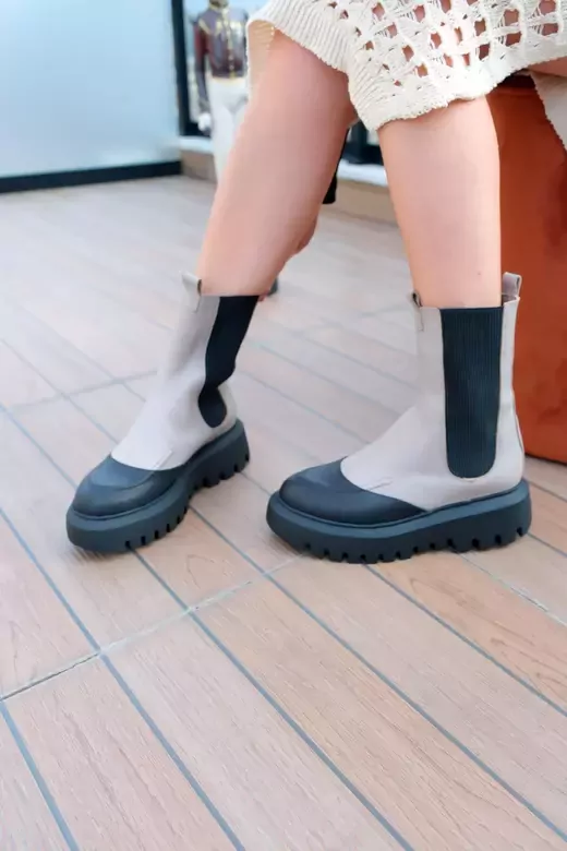 Kadın Deri Bot Bej-Yeşil