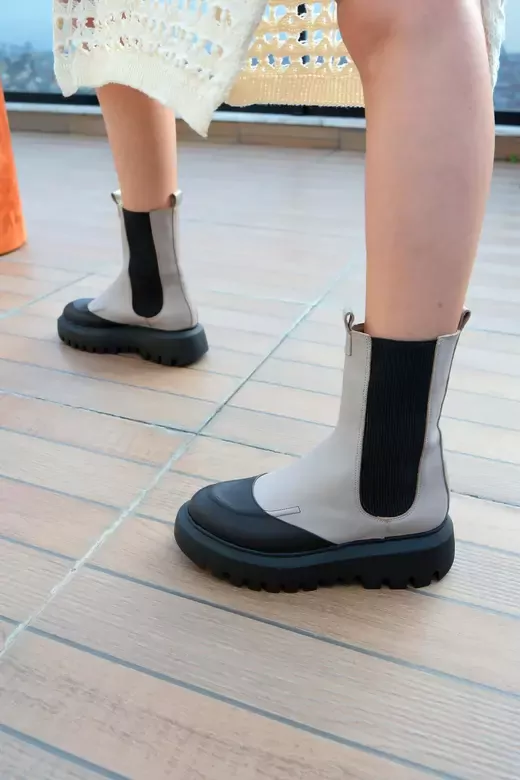 Kadın Deri Bot Bej-Yeşil