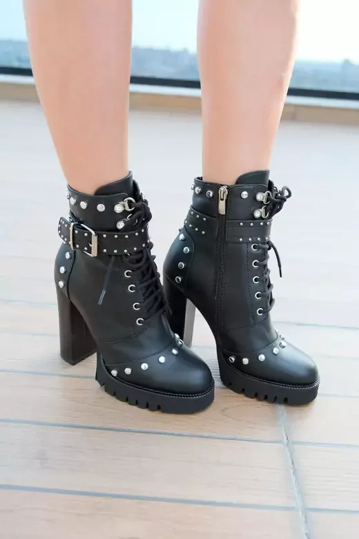 Kadın Deri Bot Aksesuar Detaylı Ve Platformlu Siyah