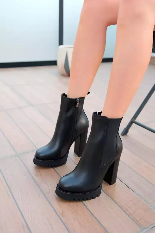 Kadın Deri Bot Platformlu Siyah