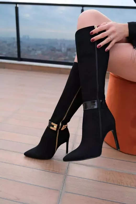 Kadın Deri Çizme Aksesuar Detaylı Siyah Süet