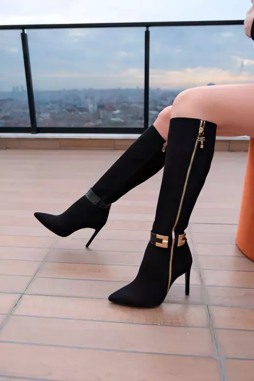 Kadın Deri Çizme Aksesuar Detaylı Siyah Süet