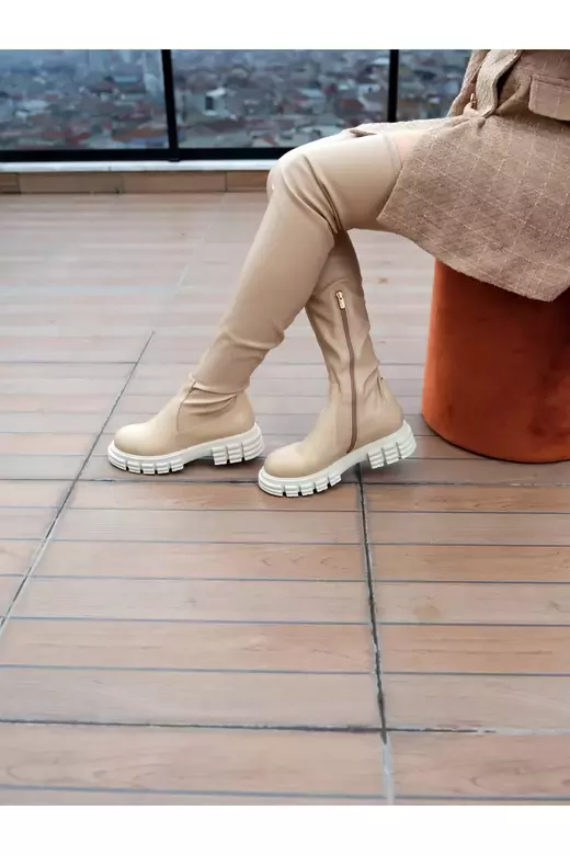 KADIN BEJ HAKİKİ DERİ STREÇ DİZ ÜSTÜ ÇİZME