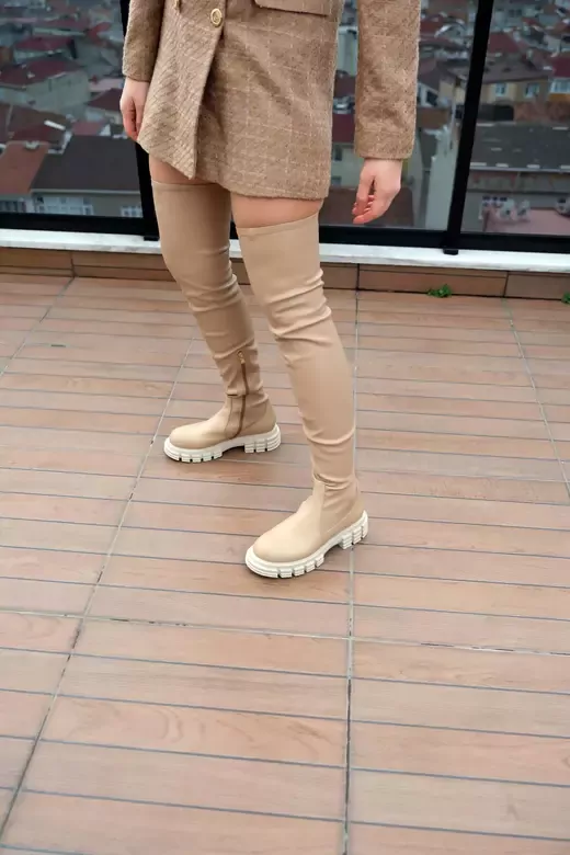 KADIN BEJ HAKİKİ DERİ STREÇ DİZ ÜSTÜ ÇİZME