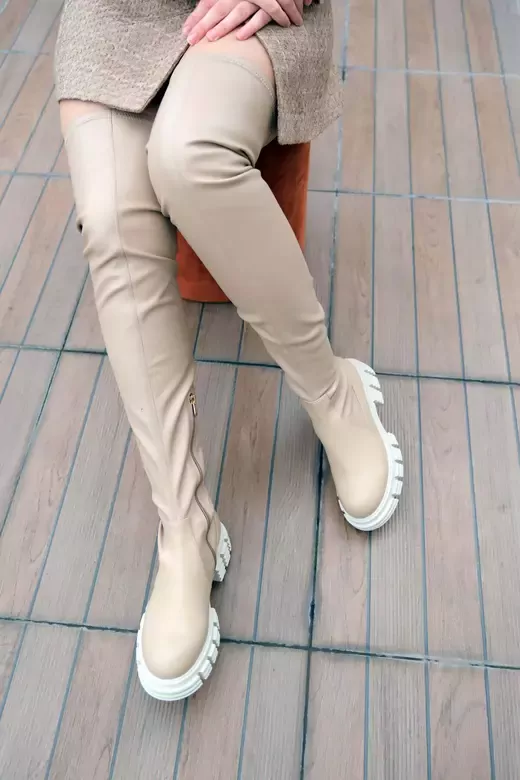 KADIN BEJ HAKİKİ DERİ STREÇ DİZ ÜSTÜ ÇİZME