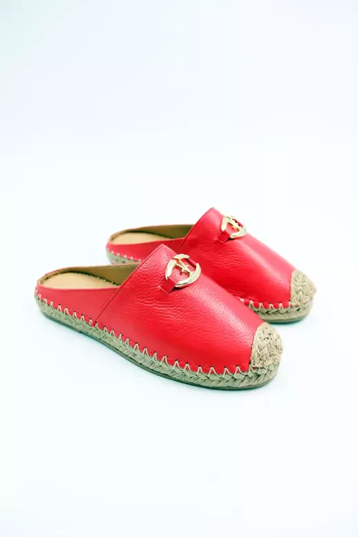 Kadın Hakiki Deri Espadril Terlik Kırmızı